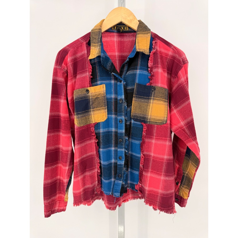 TAXI‎ Patchwork Flannel Shirt Women Size M Red Blue Yellow Distressed Raw Hem